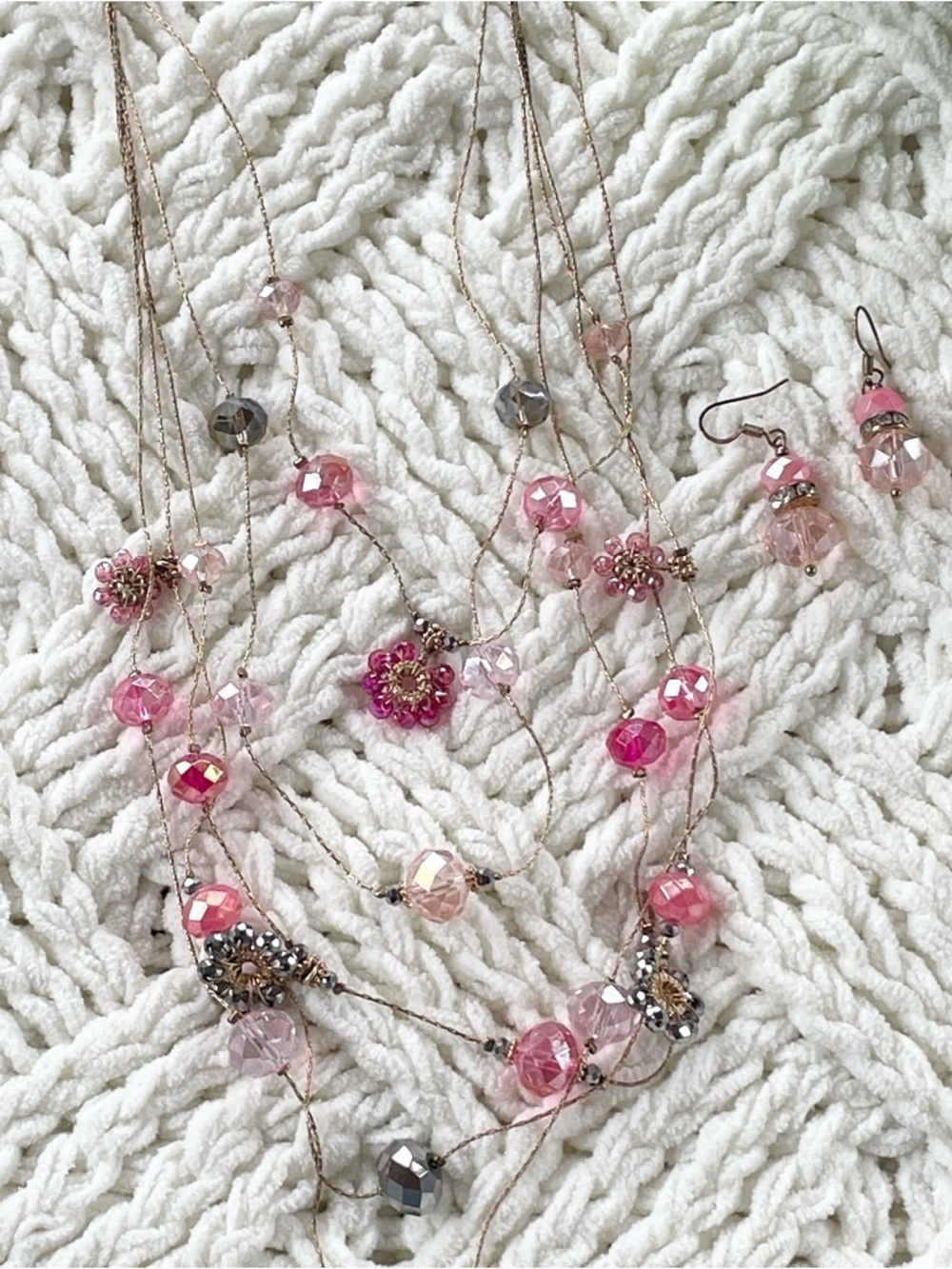 Ali Khan New York Pink Beaded Multi Strand Necklace Layered Floral